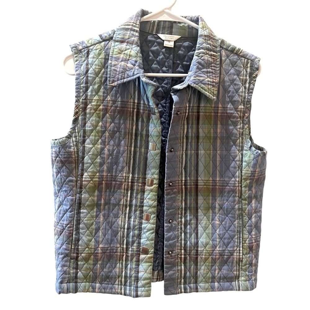 Christopher & Banks Quilted Vest Plaid Green Blue Womens Large Long